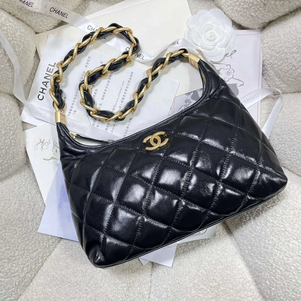 Chanel AS4912 Meduim Hobo Shiny Lambskin & Gold-Tone Metal Black