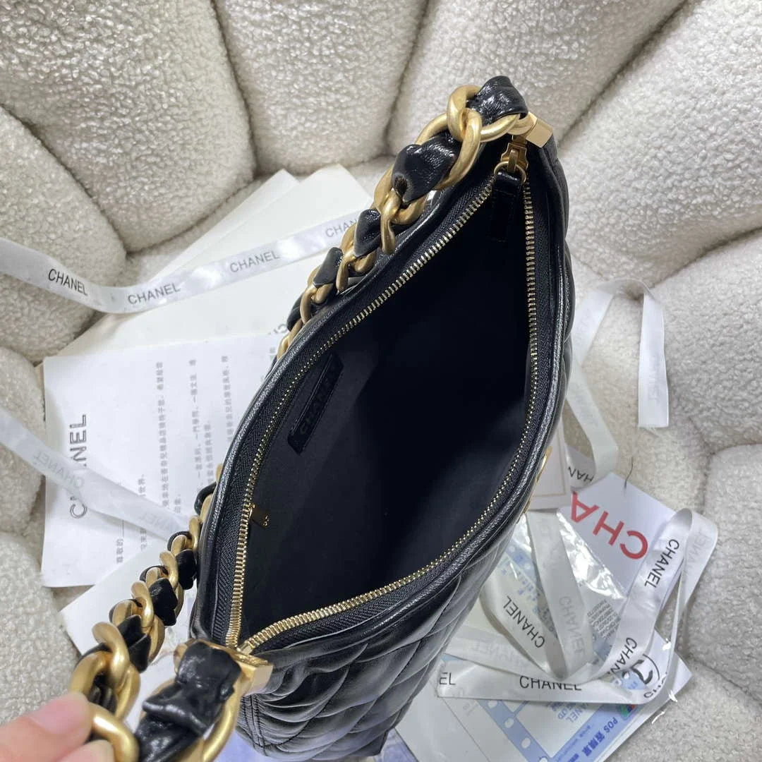 Chanel AS4912 Meduim Hobo Shiny Lambskin & Gold-Tone Metal Black