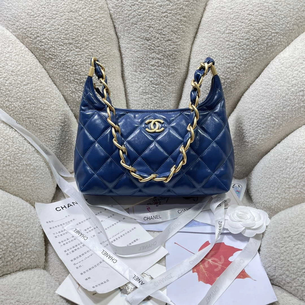 Chanel AS4912 Meduim Hobo Shiny Lambskin & Gold-Tone Metal Navy Blue