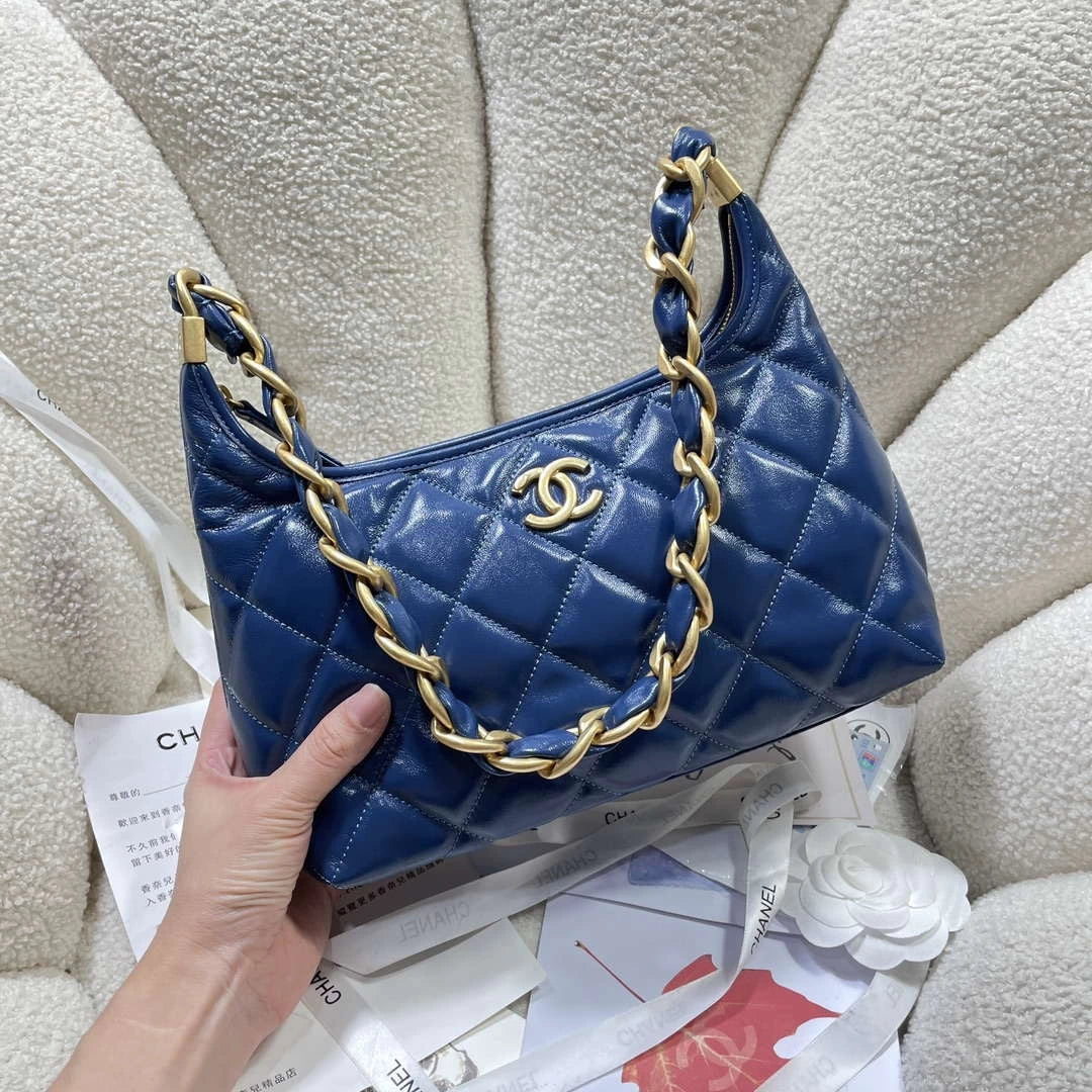 Chanel AS4912 Meduim Hobo Shiny Lambskin & Gold-Tone Metal Navy Blue