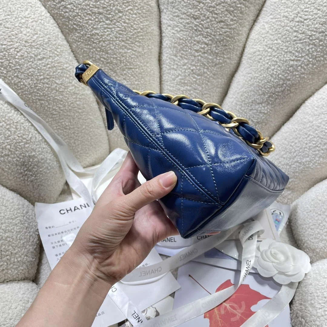 Chanel AS4912 Meduim Hobo Shiny Lambskin & Gold-Tone Metal Navy Blue
