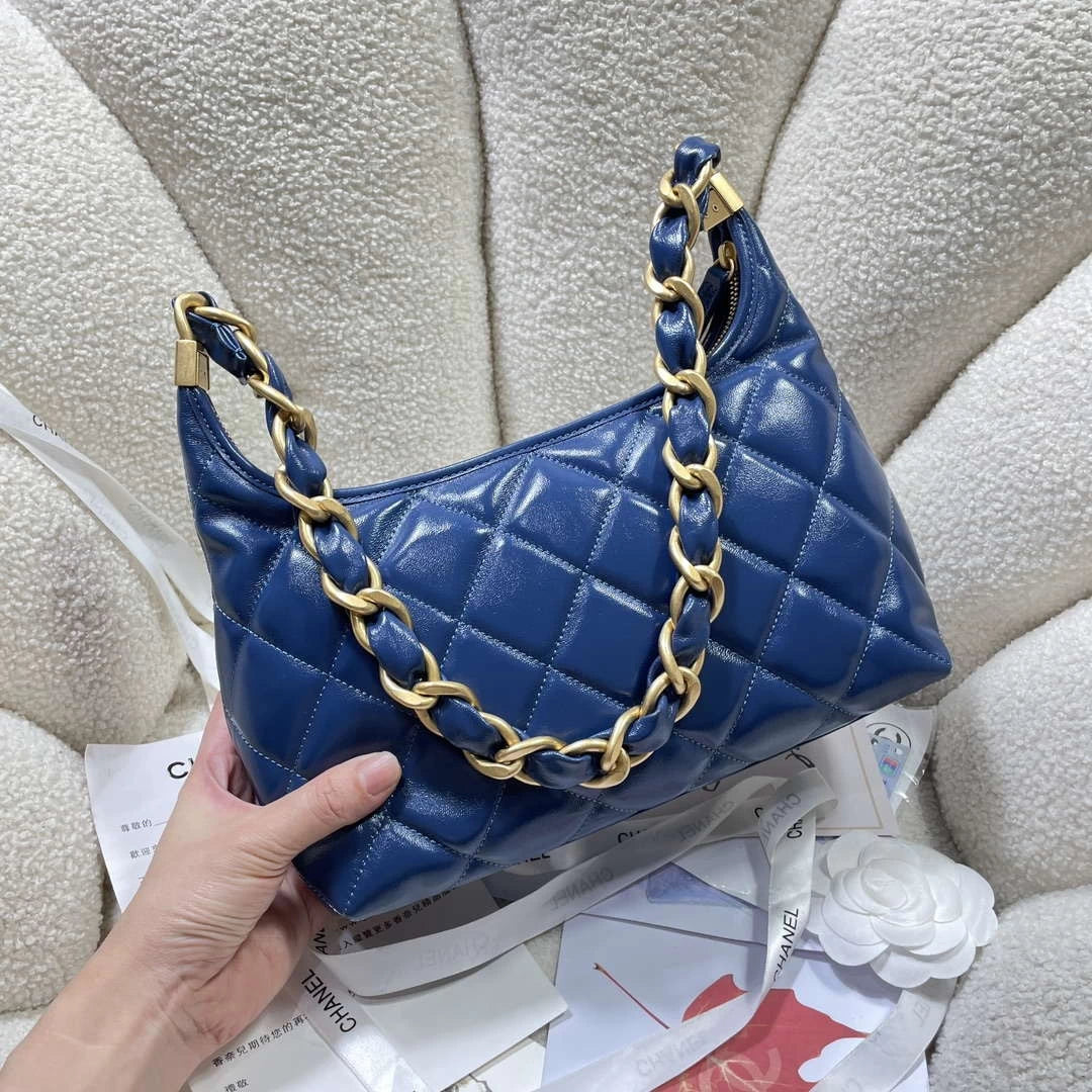 Chanel AS4912 Meduim Hobo Shiny Lambskin & Gold-Tone Metal Navy Blue
