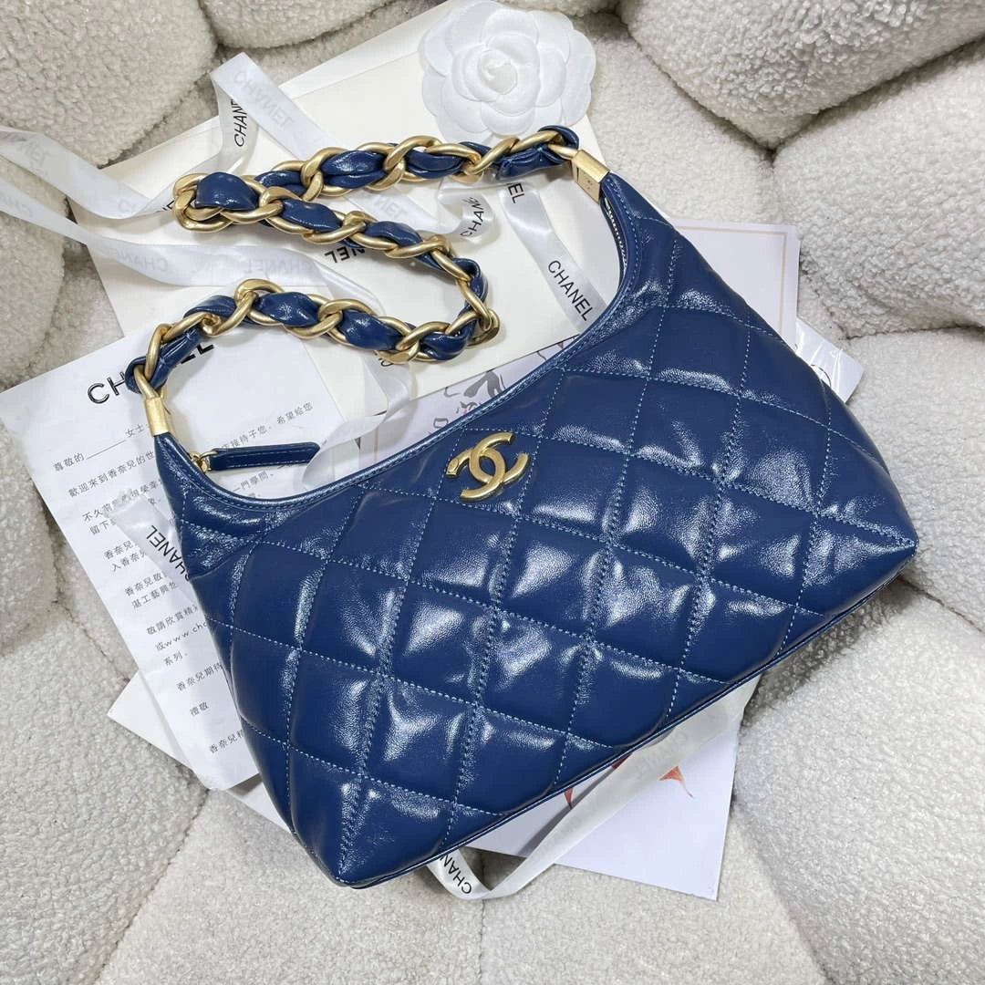 Chanel AS4912 Meduim Hobo Shiny Lambskin & Gold-Tone Metal Navy Blue