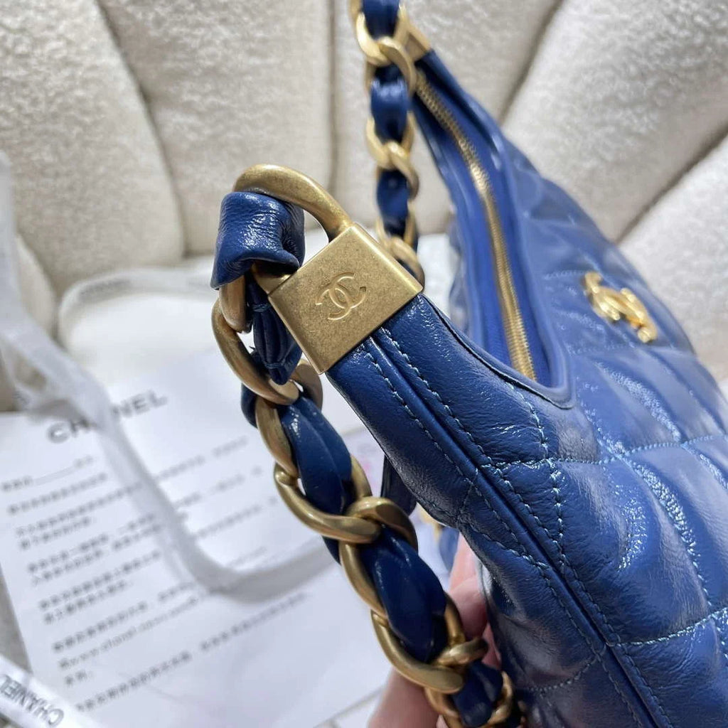 Chanel AS4912 Meduim Hobo Shiny Lambskin & Gold-Tone Metal Navy Blue