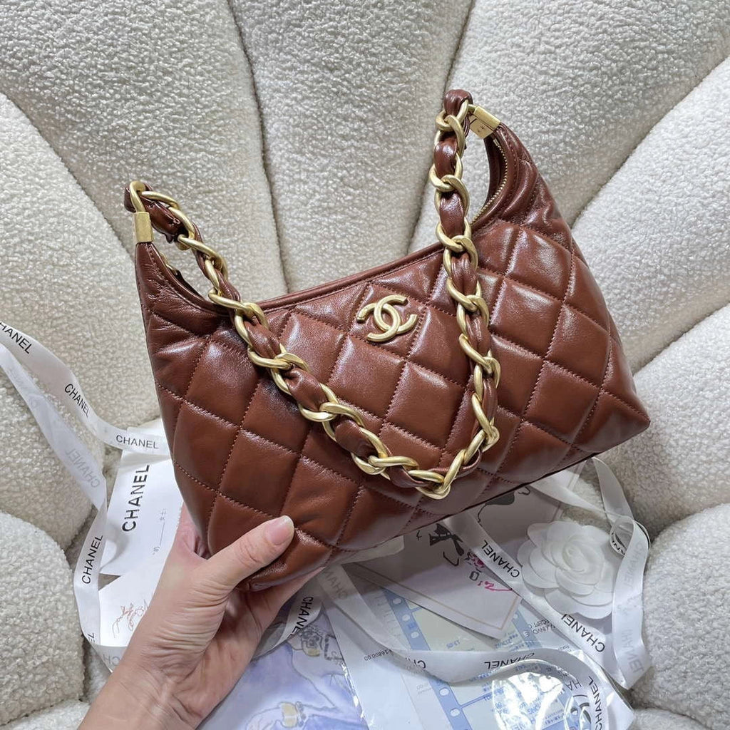 Chanel AS4912 Meduim Hobo Shiny Lambskin & Gold-Tone Metal Brown