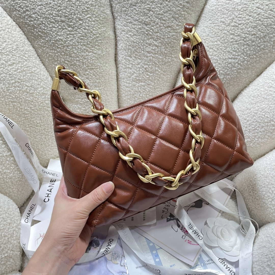 Chanel AS4912 Meduim Hobo Shiny Lambskin & Gold-Tone Metal Brown