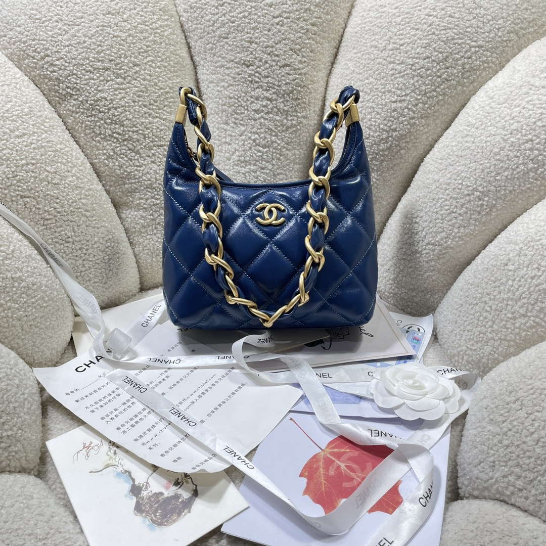 Chanel AS4922 Small Hobo Shiny Lambskin & Gold-Tone Metal Navy Blue - Default Title - View 1