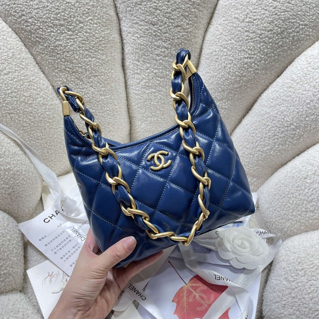 Chanel AS4922 Small Hobo Shiny Lambskin & Gold-Tone Metal Navy Blue