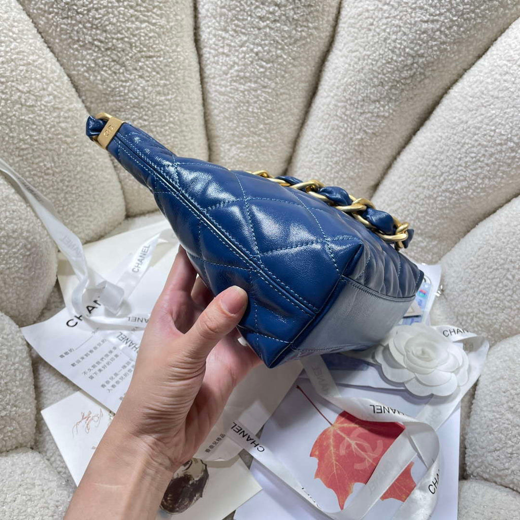 Chanel AS4922 Small Hobo Shiny Lambskin & Gold-Tone Metal Navy Blue