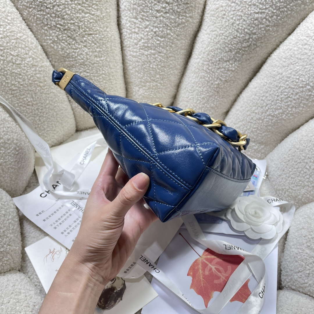 Chanel AS4922 Small Hobo Shiny Lambskin & Gold-Tone Metal Navy Blue
