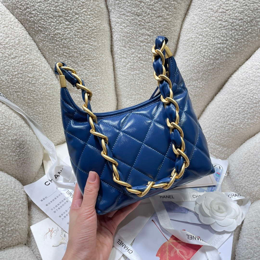 Chanel AS4922 Small Hobo Shiny Lambskin & Gold-Tone Metal Navy Blue