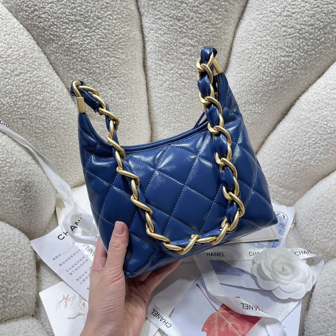 Chanel AS4922 Small Hobo Shiny Lambskin & Gold-Tone Metal Navy Blue - Default Title - View 4