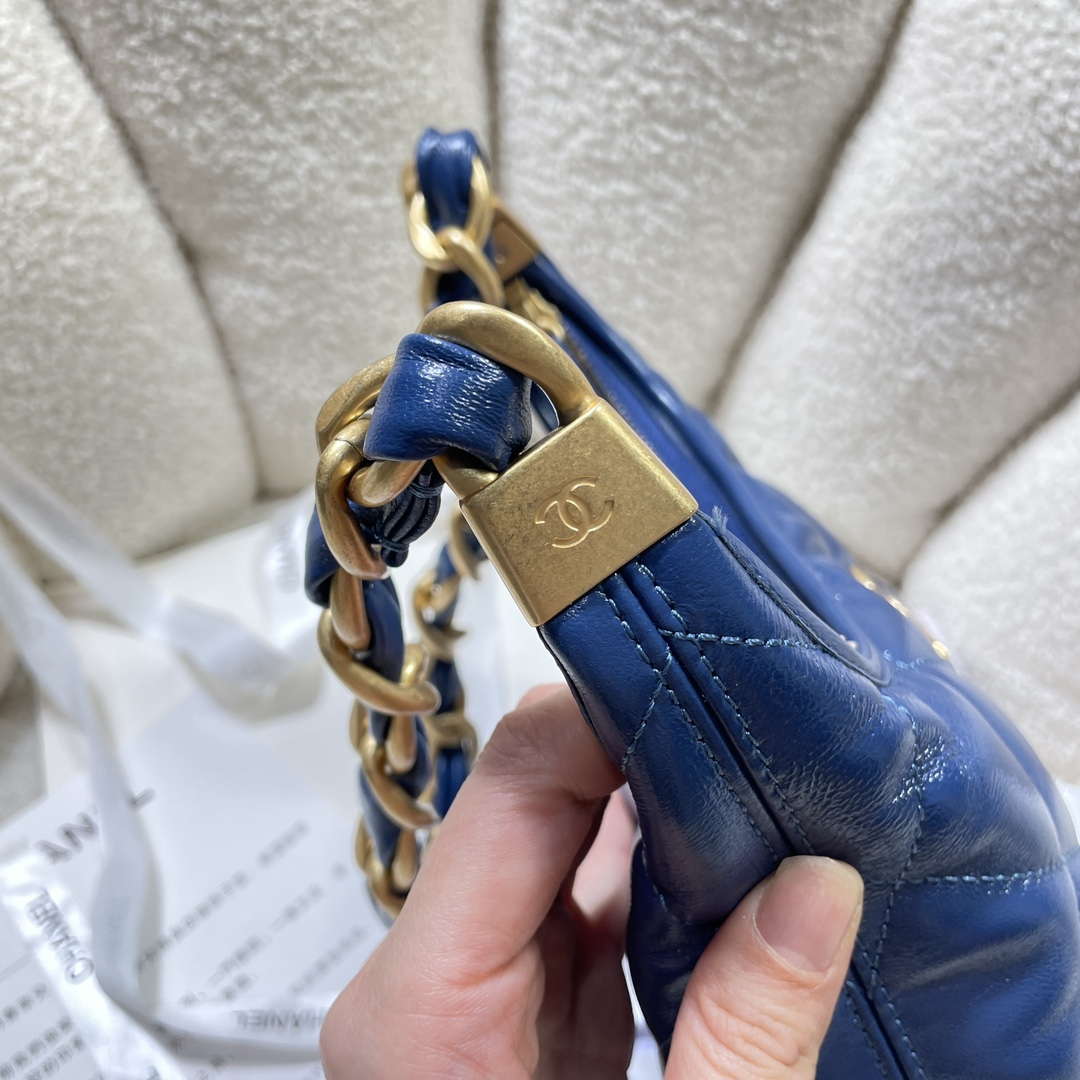 Chanel AS4922 Small Hobo Shiny Lambskin & Gold-Tone Metal Navy Blue
