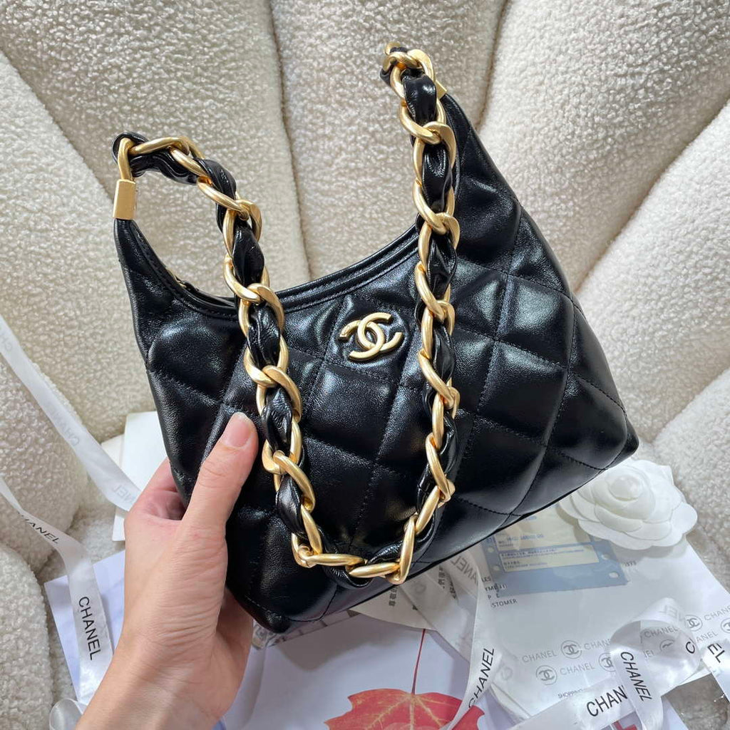 Chanel AS4922 Small Hobo Shiny Lambskin & Gold-Tone Metal Black