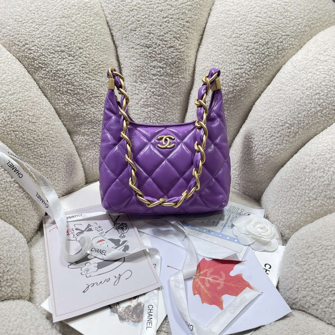 Chanel AS4922 Small Hobo Shiny Lambskin & Gold-Tone Metal Purple