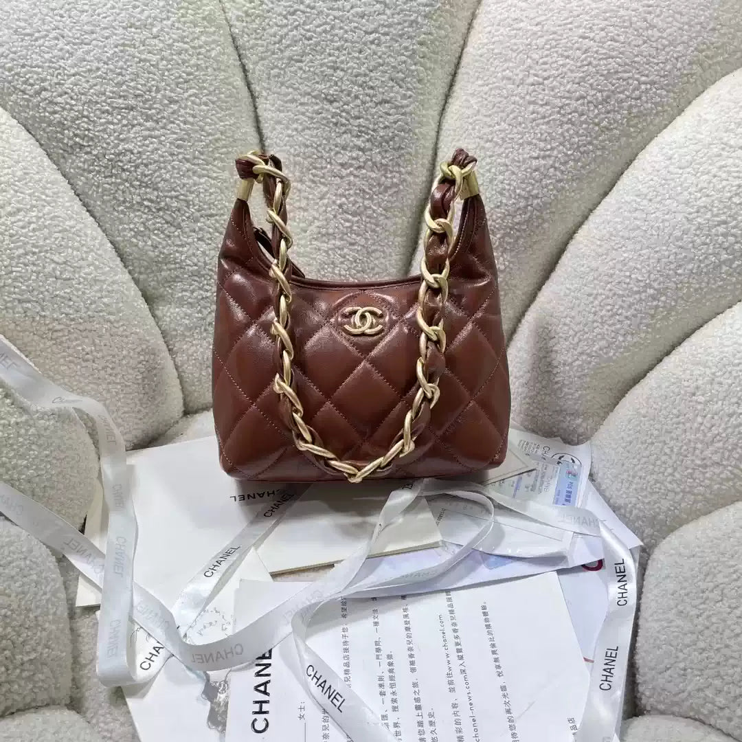 Chanel AS4922 Small Hobo Shiny Lambskin & Gold-Tone Metal Brown - Default Title - View 1