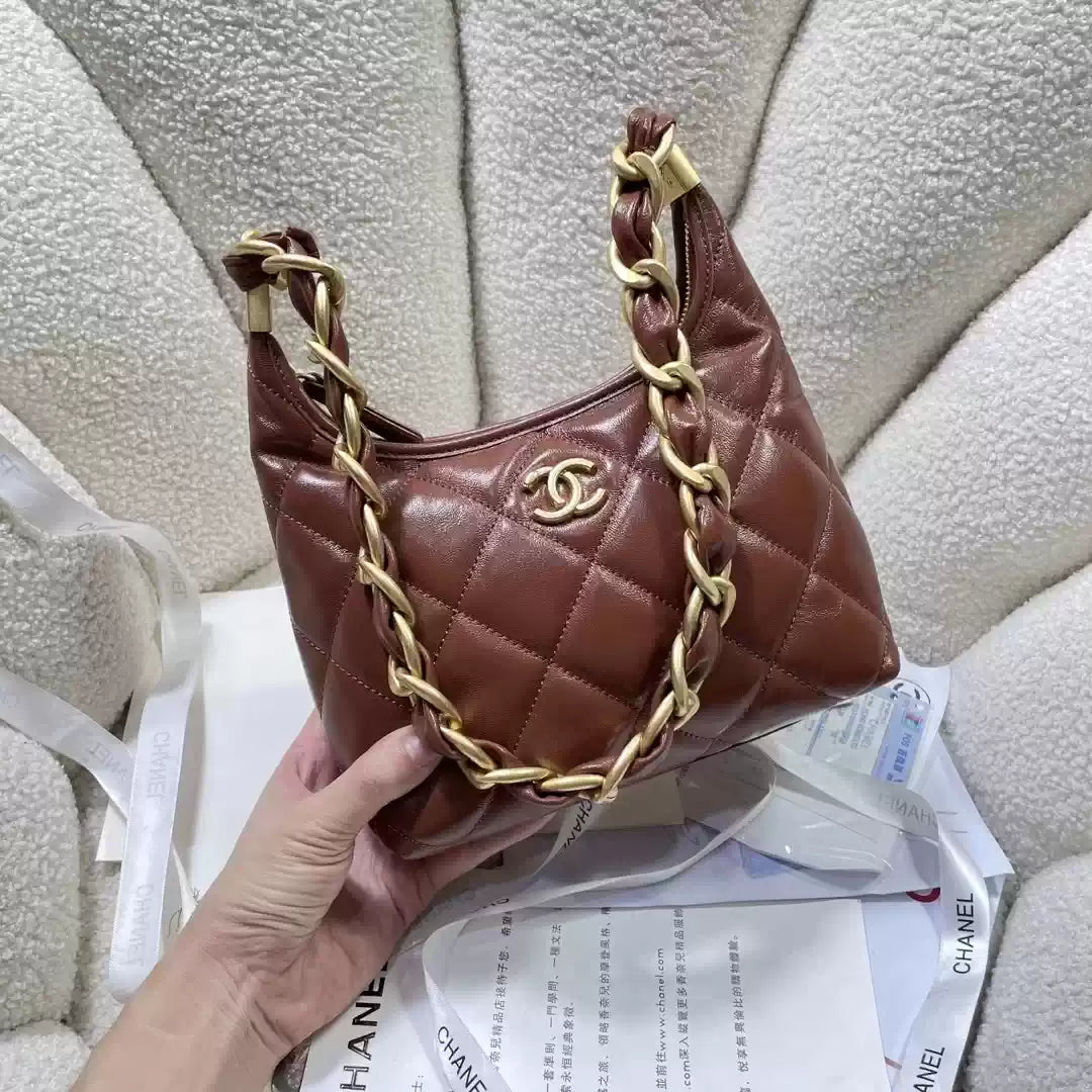 Chanel AS4922 Small Hobo Shiny Lambskin & Gold-Tone Metal Brown