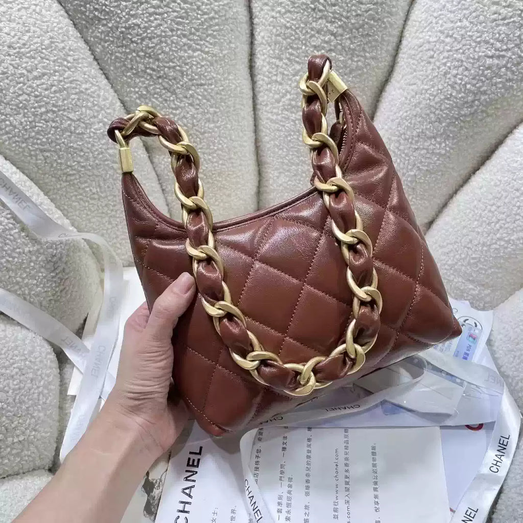 Chanel AS4922 Small Hobo Shiny Lambskin & Gold-Tone Metal Brown