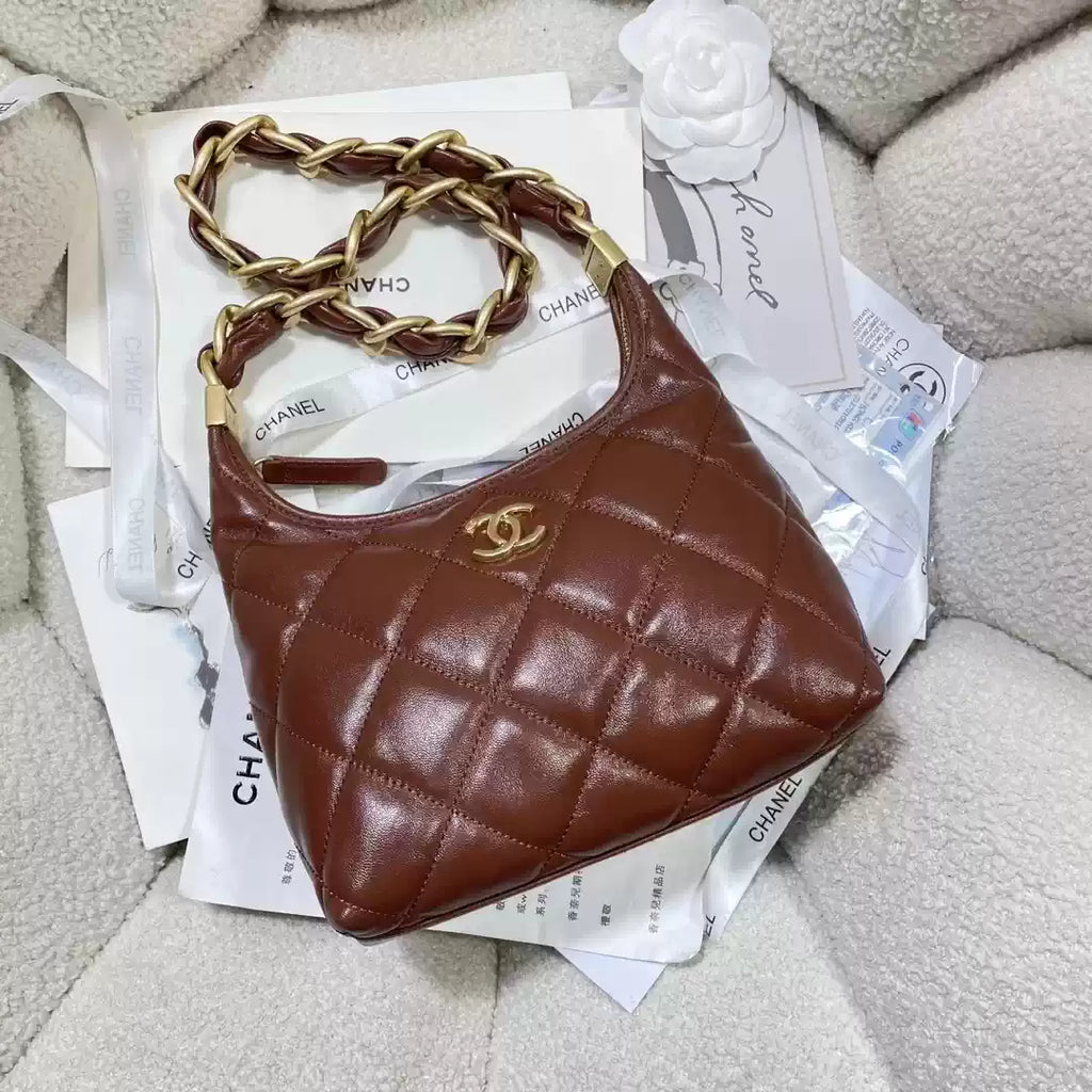 Chanel AS4922 Small Hobo Shiny Lambskin & Gold-Tone Metal Brown