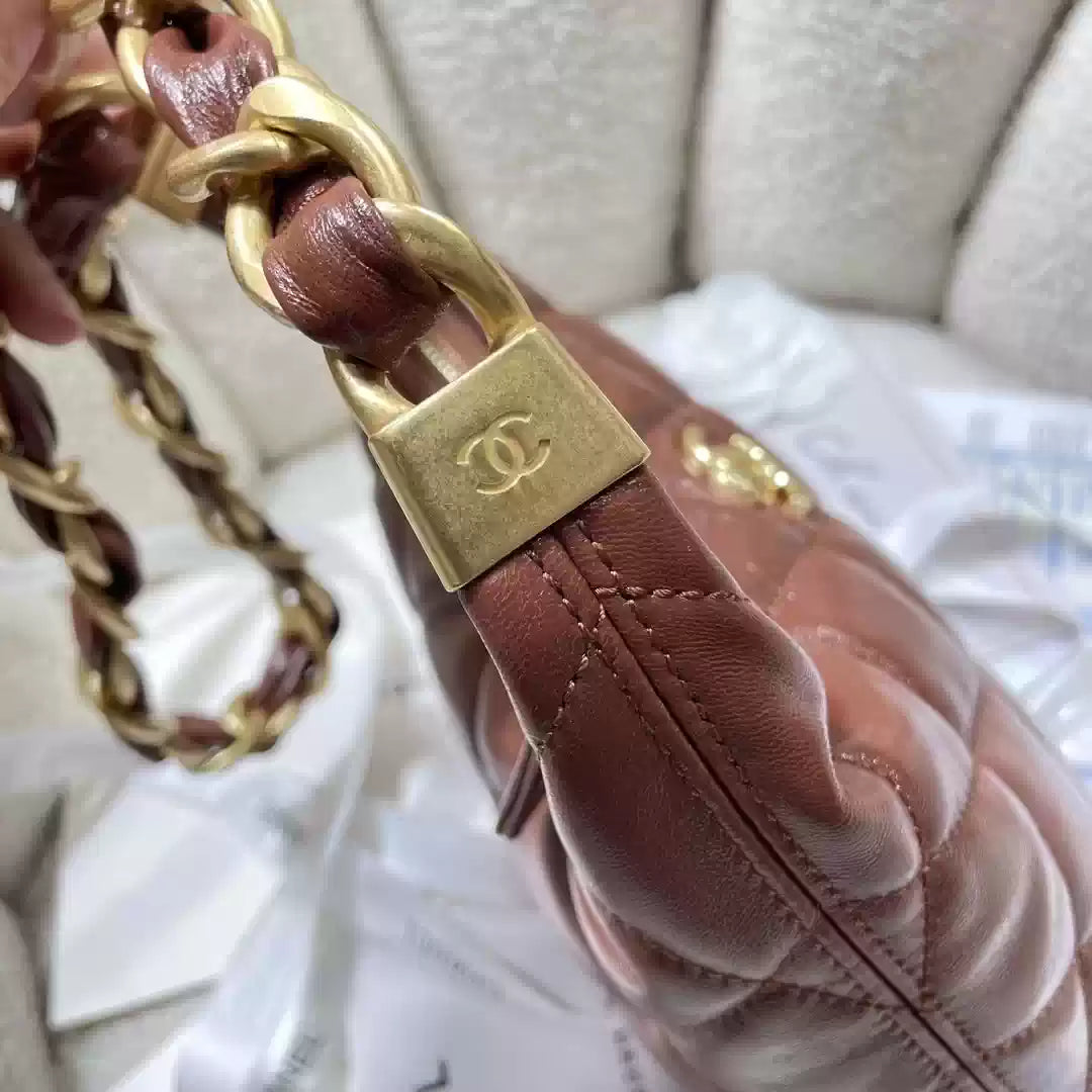 Chanel AS4922 Small Hobo Shiny Lambskin & Gold-Tone Metal Brown