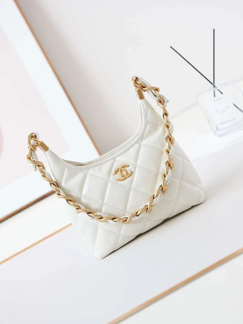 Chanel AS4922 Small Hobo Shiny Lambskin & Gold-Tone Metal White - Default Title - View 1