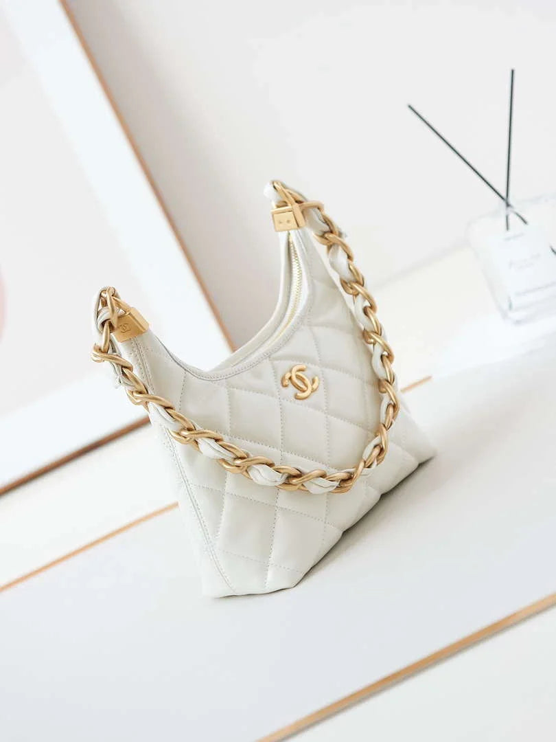 Chanel AS4922 Small Hobo Shiny Lambskin & Gold-Tone Metal White - Default Title - View 3