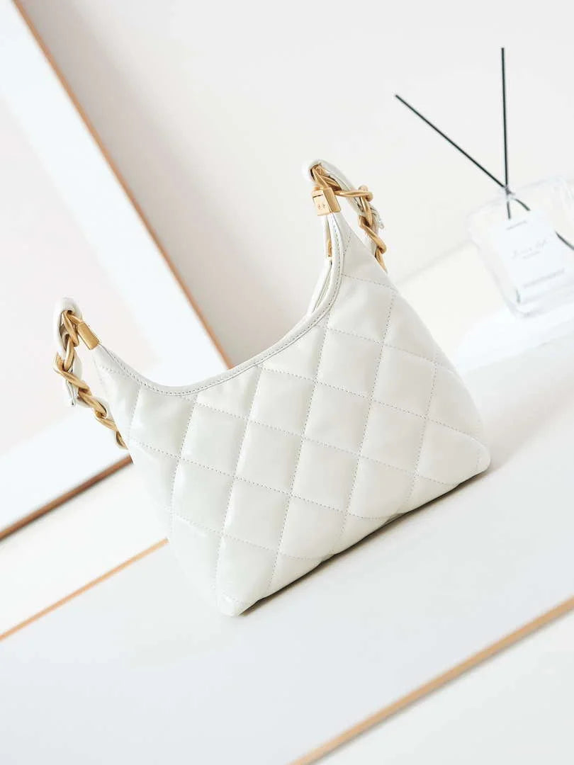 Chanel AS4922 Small Hobo Shiny Lambskin & Gold-Tone Metal White
