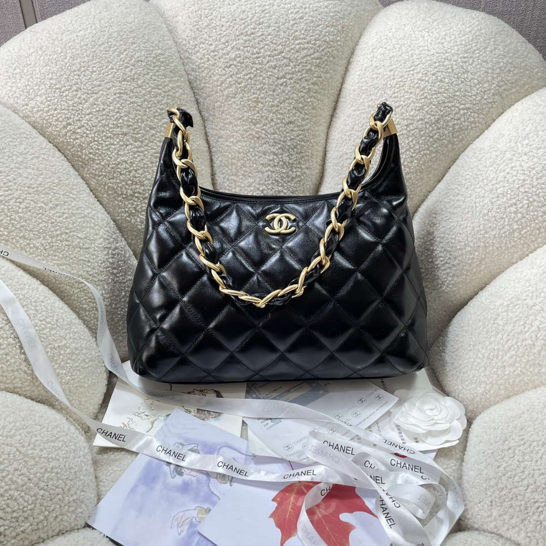 Chanel AS4923 Large Hobo Shiny Lambskin & Gold-Tone Metal Black