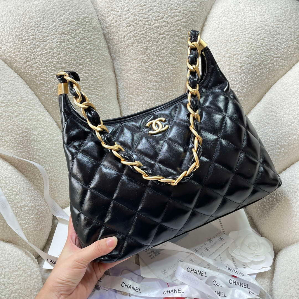 Chanel AS4923 Large Hobo Shiny Lambskin & Gold-Tone Metal Black