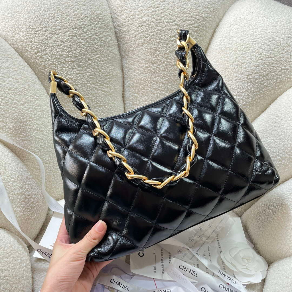 Chanel AS4923 Large Hobo Shiny Lambskin & Gold-Tone Metal Black