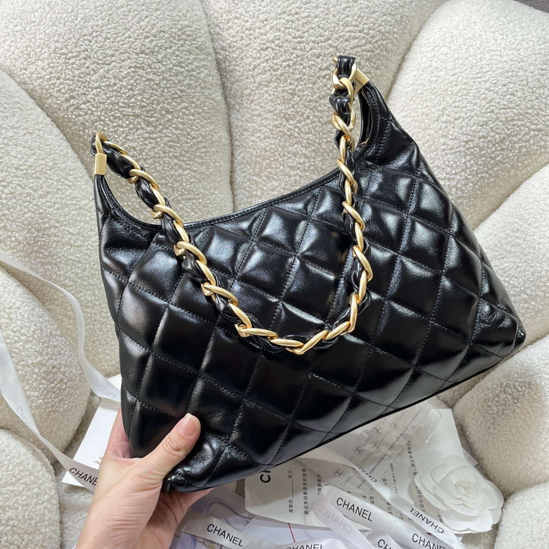 Chanel AS4923 Large Hobo Shiny Lambskin & Gold-Tone Metal Black