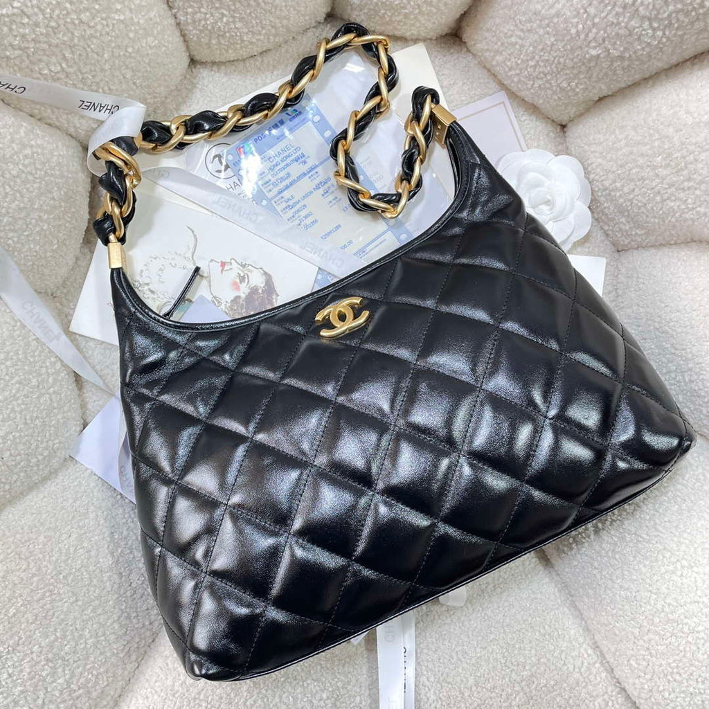 Chanel AS4923 Large Hobo Shiny Lambskin & Gold-Tone Metal Black