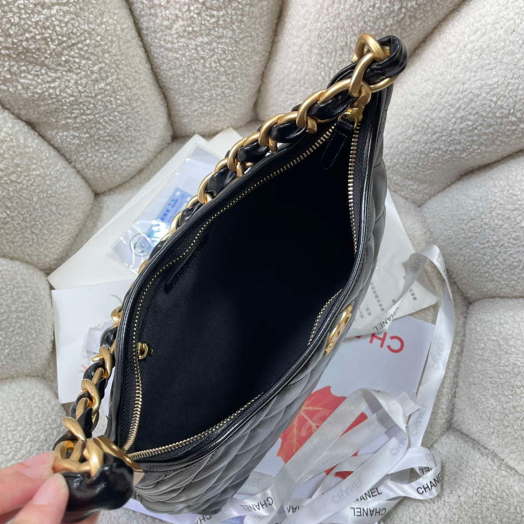 Chanel AS4923 Large Hobo Shiny Lambskin & Gold-Tone Metal Black