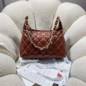 Chanel AS4923 Large Hobo Shiny Lambskin & Gold-Tone Metal Brown - Default Title - View 1