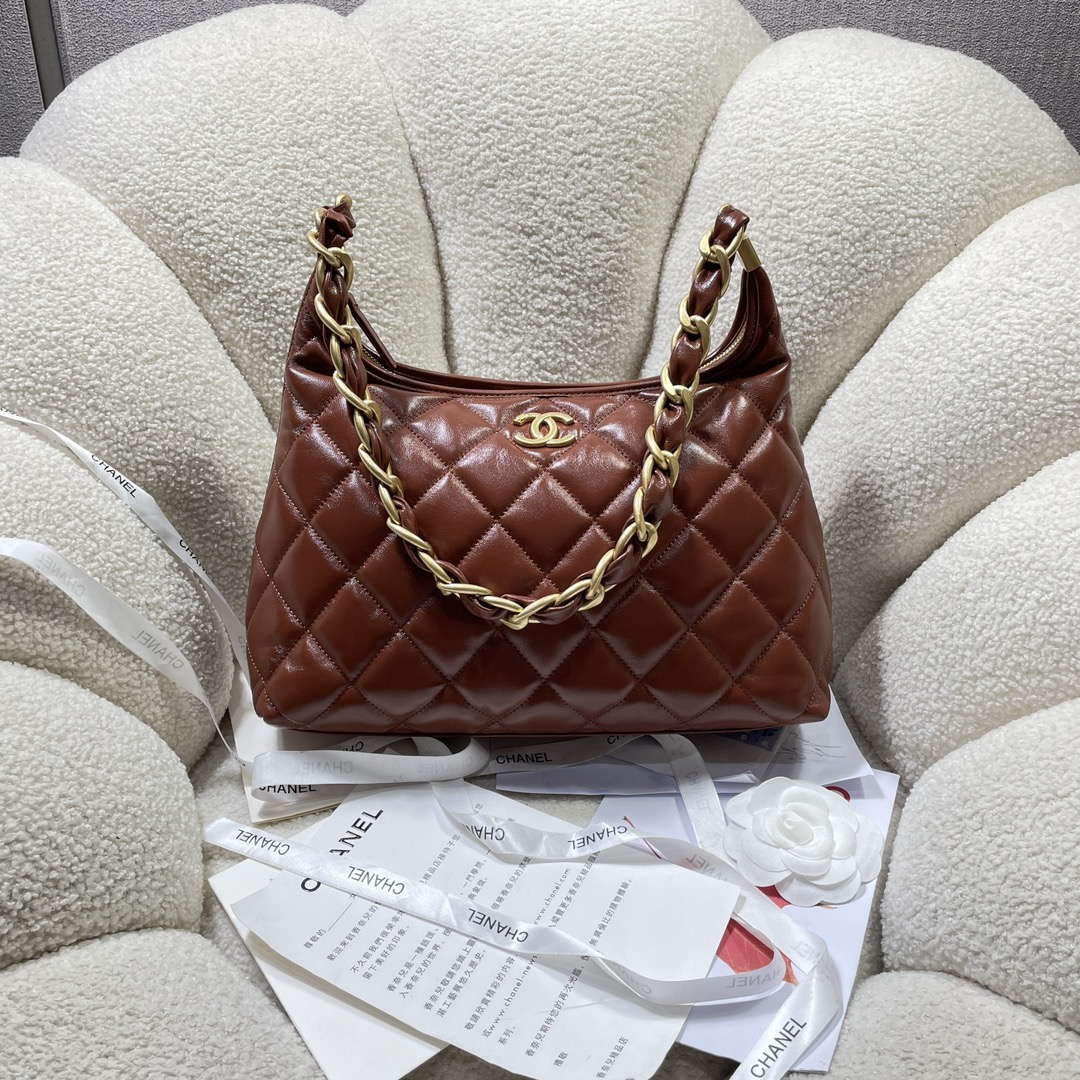 Chanel AS4923 Large Hobo Shiny Lambskin & Gold-Tone Metal Brown