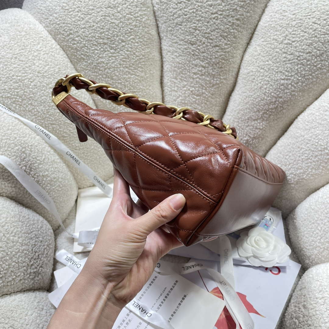 Chanel AS4923 Large Hobo Shiny Lambskin & Gold-Tone Metal Brown - Default Title - View 3