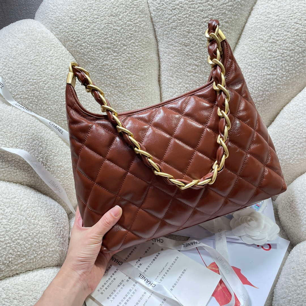 Chanel AS4923 Large Hobo Shiny Lambskin & Gold-Tone Metal Brown