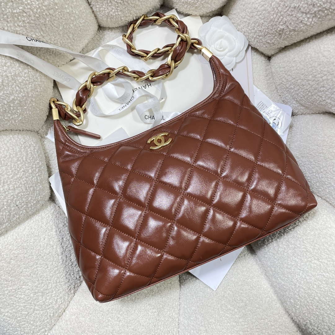 Chanel AS4923 Large Hobo Shiny Lambskin & Gold-Tone Metal Brown - Default Title - View 5