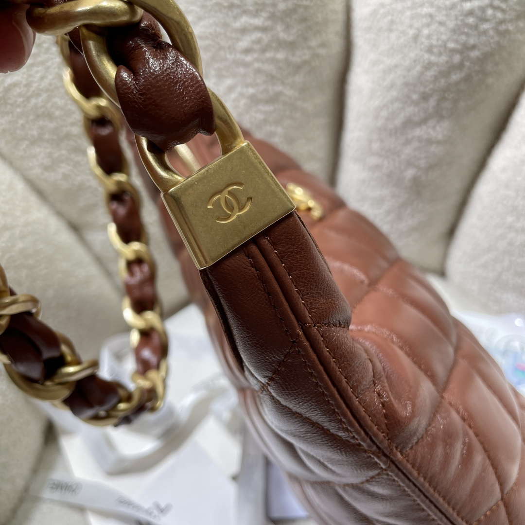 Chanel AS4923 Large Hobo Shiny Lambskin & Gold-Tone Metal Brown