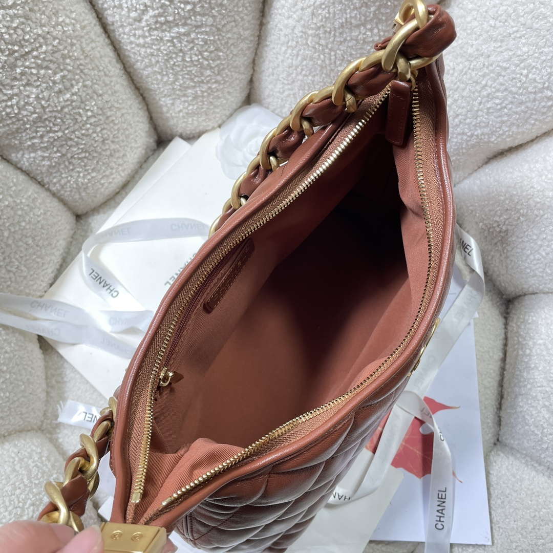 Chanel AS4923 Large Hobo Shiny Lambskin & Gold-Tone Metal Brown