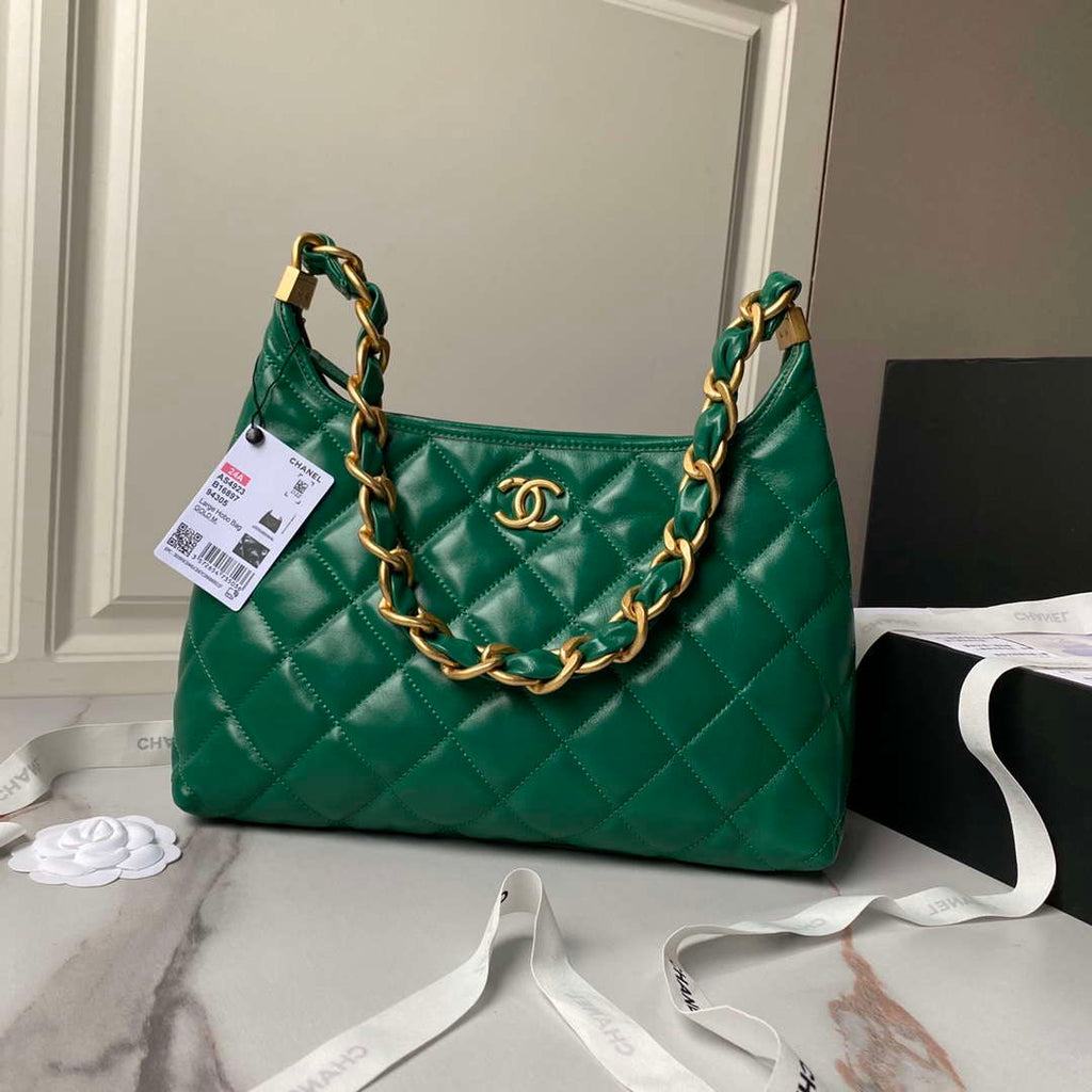 Chanel AS4923 Large Hobo Shiny Lambskin & Gold-Tone Metal Dark Green