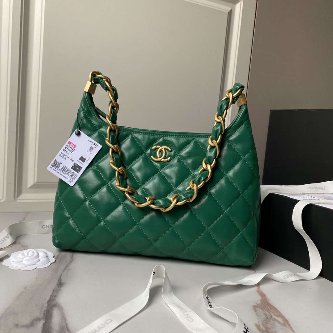 Chanel AS4923 Large Hobo Shiny Lambskin & Gold-Tone Metal Dark Green