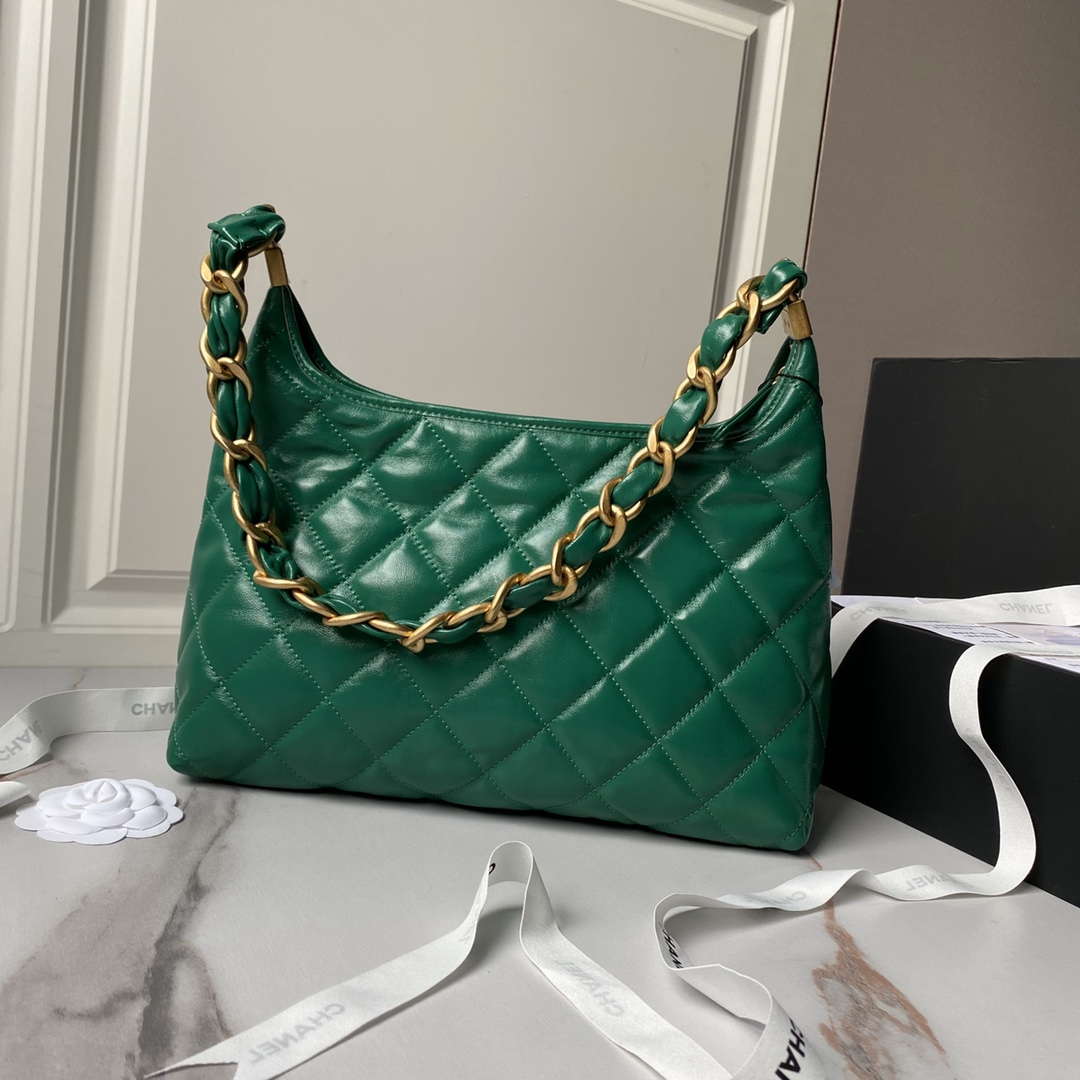 Chanel AS4923 Large Hobo Shiny Lambskin & Gold-Tone Metal Dark Green