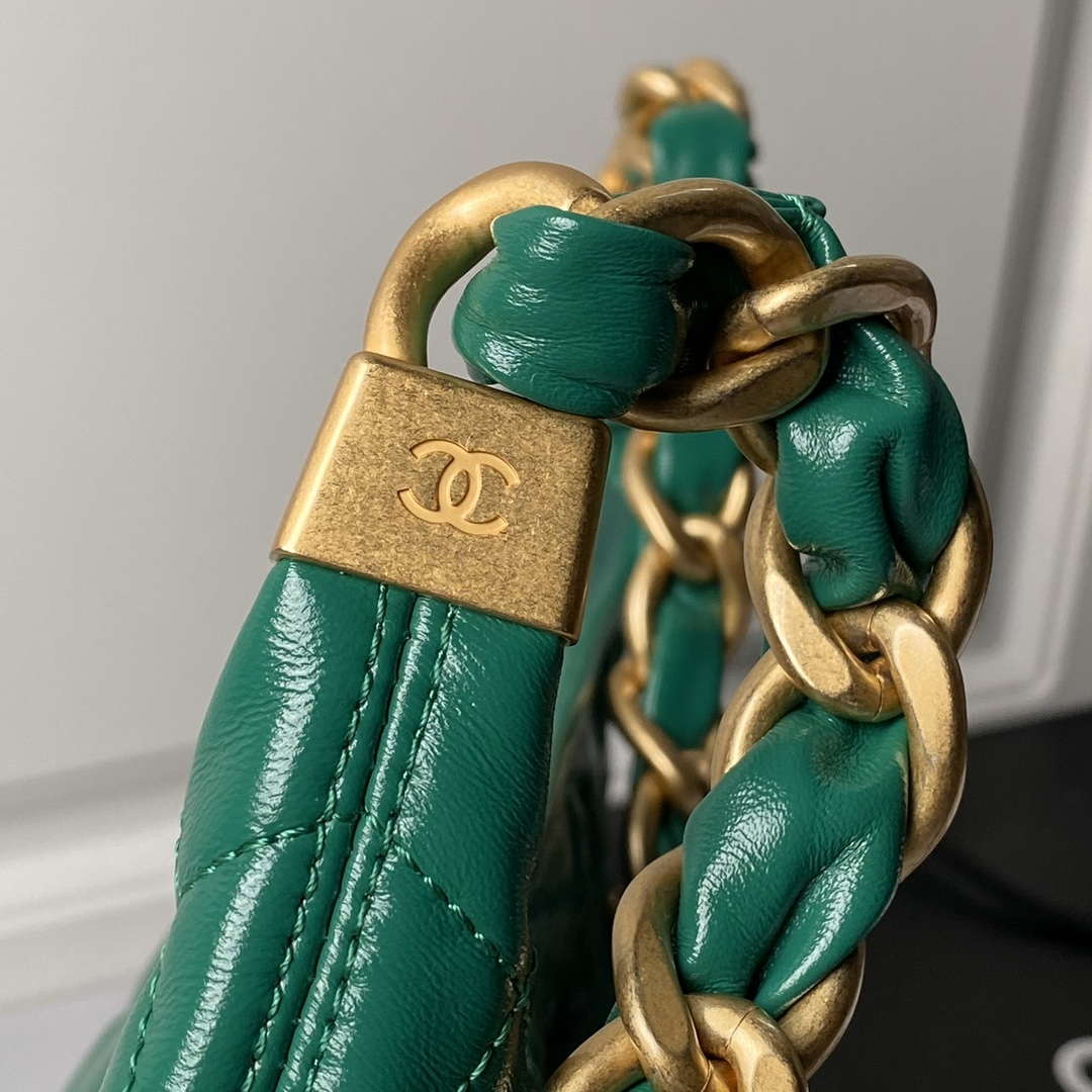 Chanel AS4923 Large Hobo Shiny Lambskin & Gold-Tone Metal Dark Green
