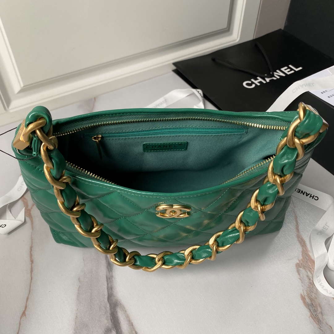 Chanel AS4923 Large Hobo Shiny Lambskin & Gold-Tone Metal Dark Green - Default Title - View 7