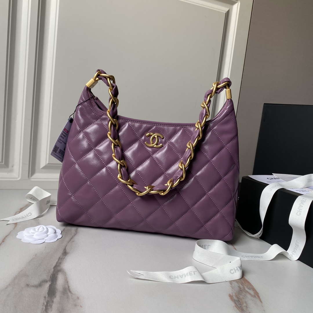 Chanel AS4923 Large Hobo Shiny Lambskin & Gold-Tone Metal Dark Purple