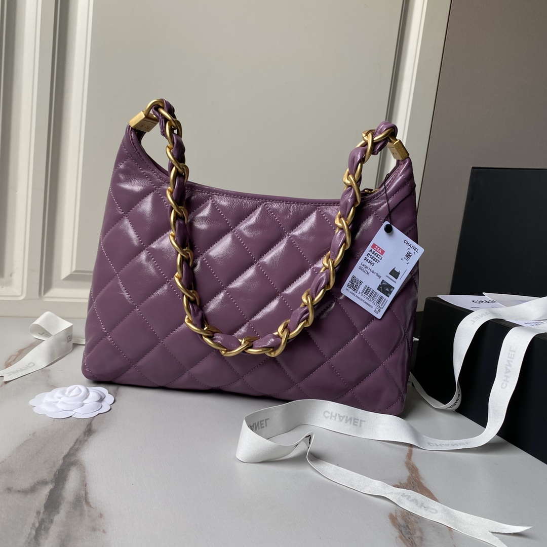 Chanel AS4923 Large Hobo Shiny Lambskin & Gold-Tone Metal Dark Purple - Default Title - View 2