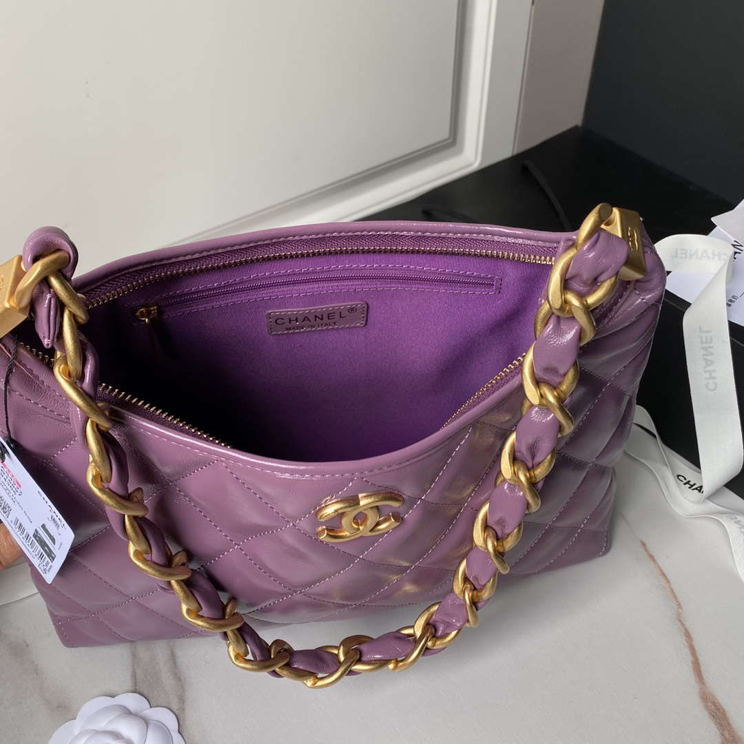 Chanel AS4923 Large Hobo Shiny Lambskin & Gold-Tone Metal Dark Purple
