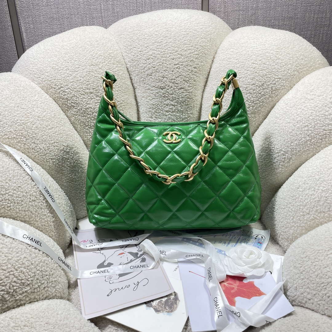 Chanel AS4923 Large Hobo Shiny Lambskin & Gold-Tone Metal Green