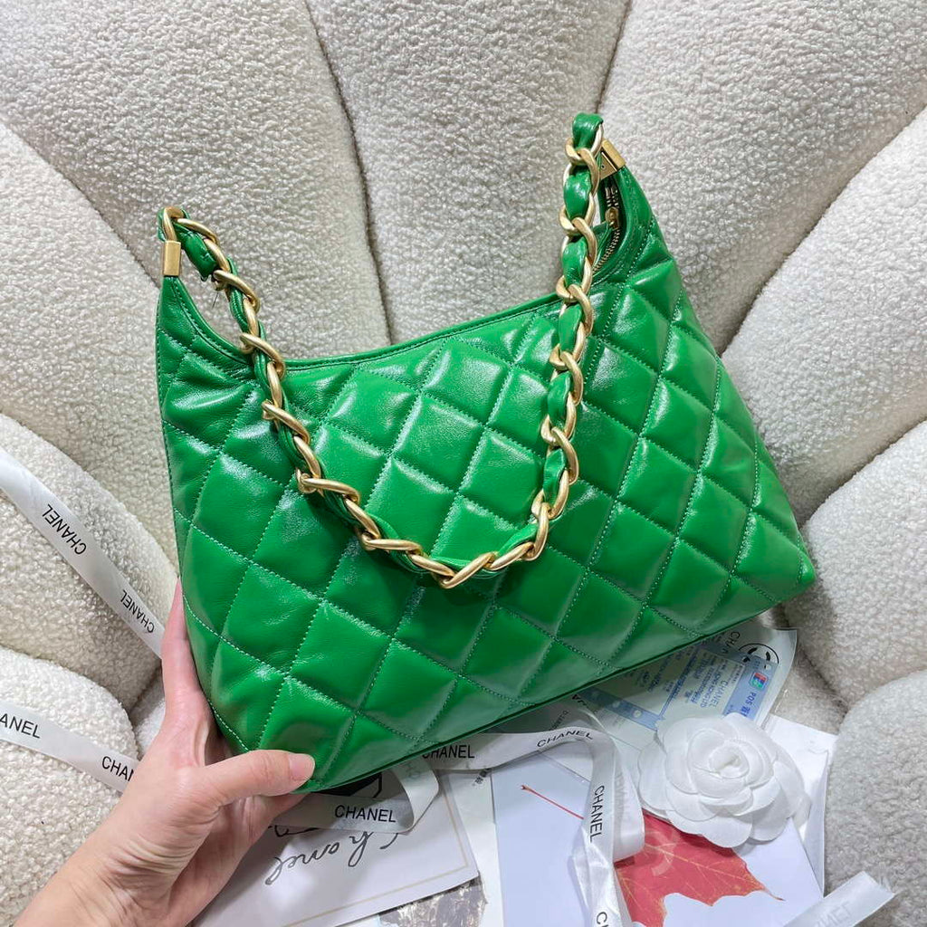 Chanel AS4923 Large Hobo Shiny Lambskin & Gold-Tone Metal Green